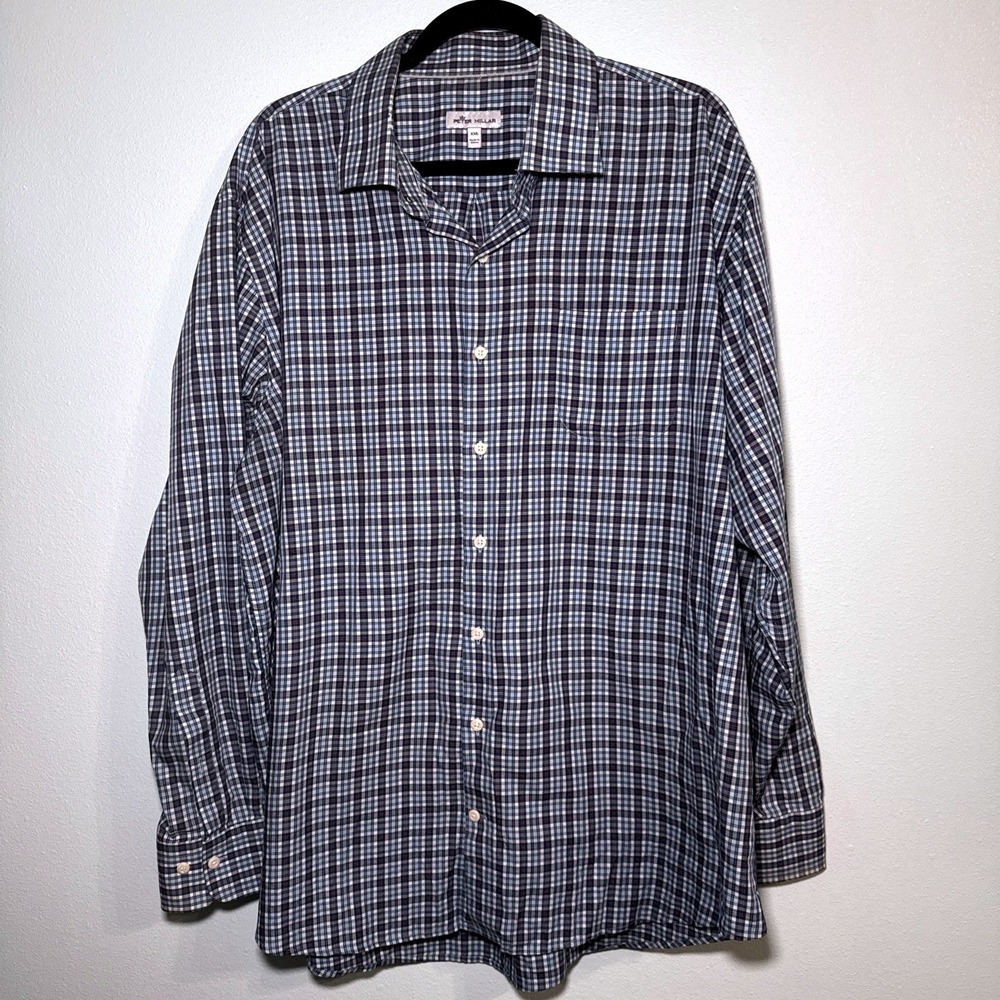 Peter Millar Mens XXL Blue Plaid Long Sleeve Button Down Shirt Chest Pocket